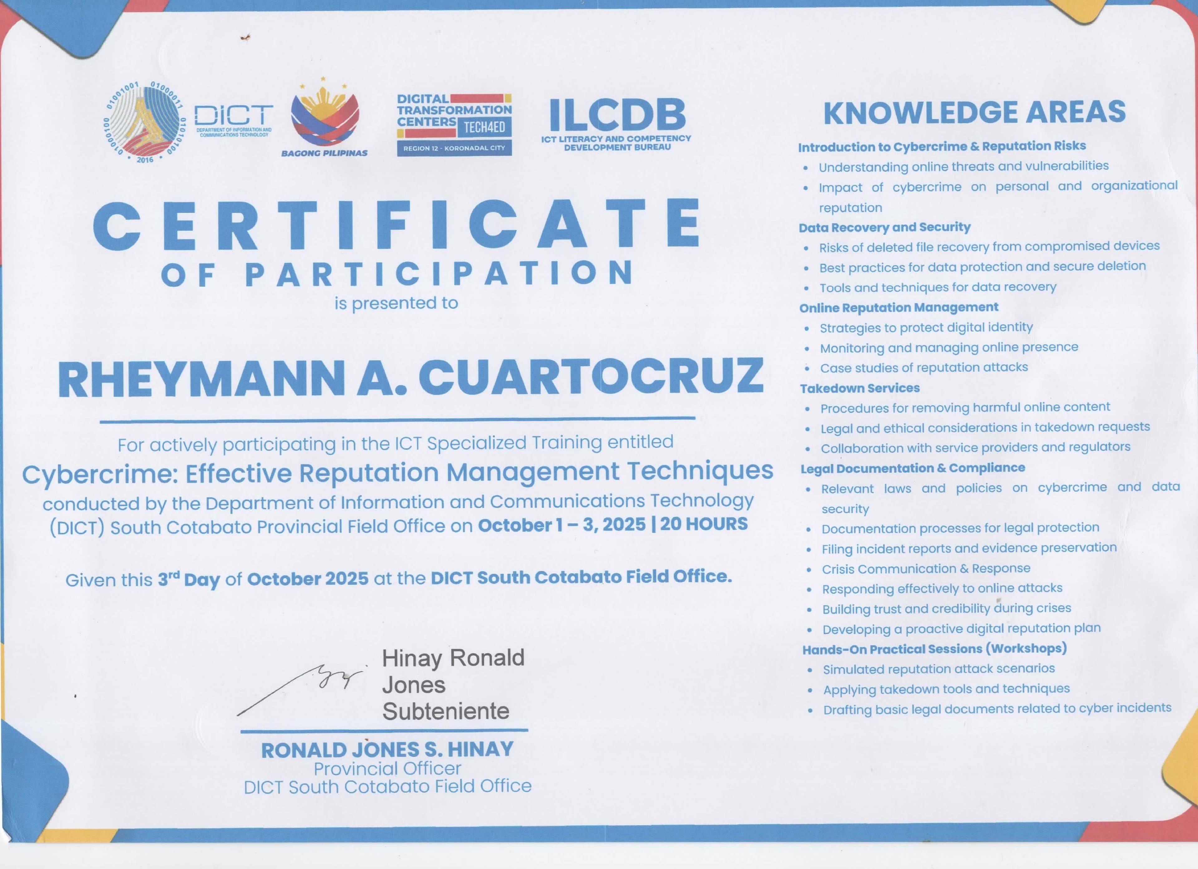 Cybercrime: Effective Reputation Management Techniques certificate preview